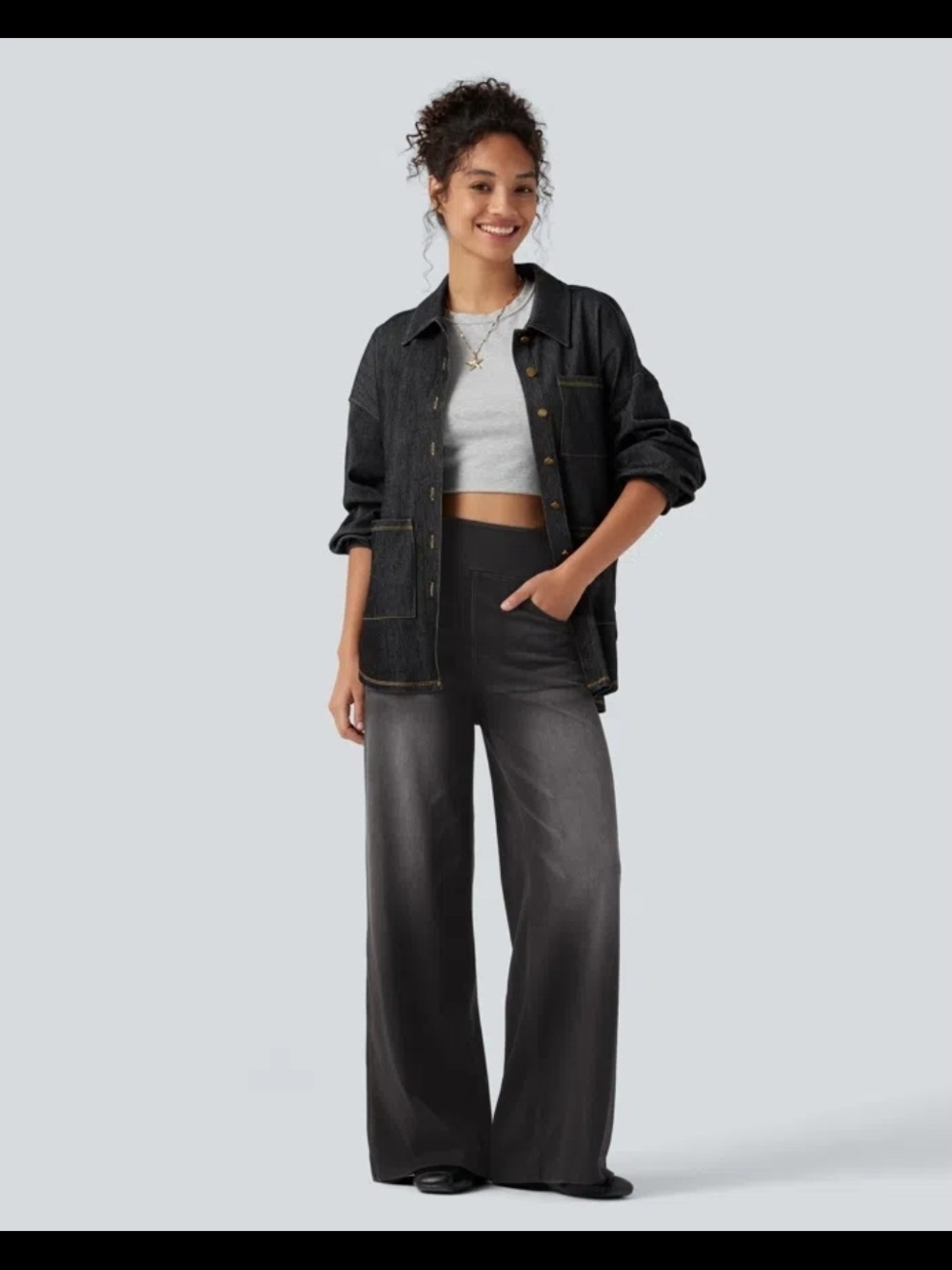 Halara Flex High Waisted Pockets Baggy Wide Leg Washed Casual Jeans L Gray #51